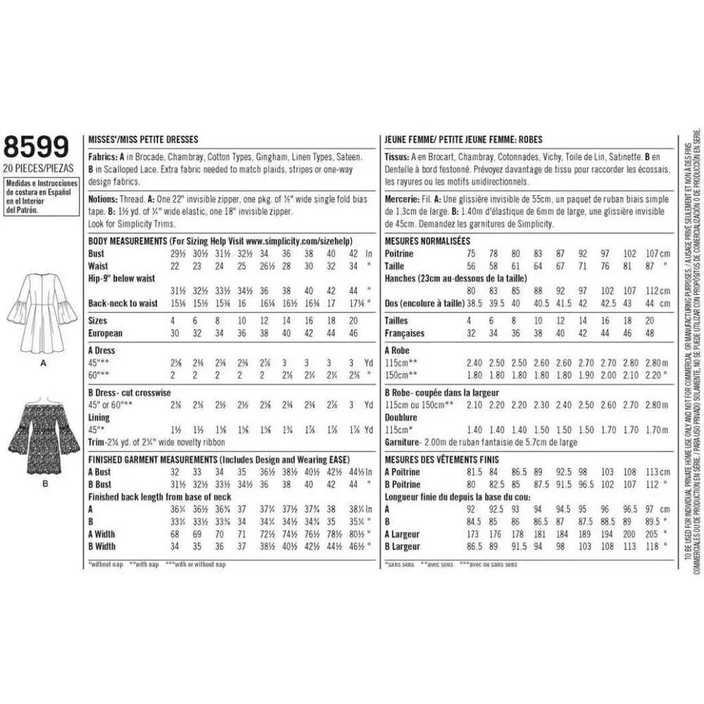 Simplicity Sewing Pattern 8599 Dress‎ Flared Sleeve Cynthia Rowley Sizes 12-20